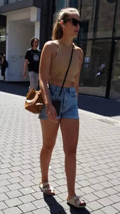 Street Candid Girl in a Top And Denim Shorts, Nice Butt And Legs