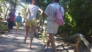 Milf in yellow shorts with vpl and a wedgie