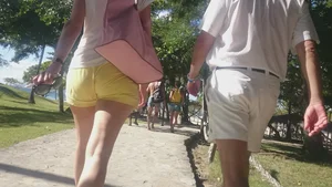 Milf in yellow shorts with vpl and a wedgie