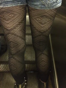 Girl on Shorts and Black Pantyhose Closeup - Subway Escalator Candid
