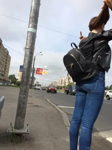 Hot Girl in Tight Blue Jeans And Bright Pink Sneakers on a Crosswalk Street Booty Creepshots Collection