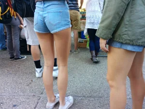 Perfect Long And Skinny Candid Legs And Booty in Blue Shorts Street Creepshots