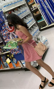 Cute Asian teen in a short dress supermarket creepshots, skinny legs and sandals