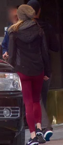 Blonde in tight red leggings and cute ass on the street