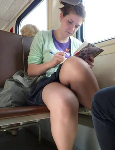 Sexy girls in skirts, stockings and upskirts on the train