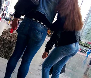 One flat ass with vpl and one big booty in tight jeans