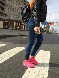 Hot Girl in Tight Blue Jeans And Bright Pink Sneakers on a Crosswalk Street Booty Creepshots Collection