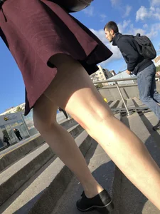 Ginger Girl in a Skirt With Hot Skinny Legs Walking Up the Stairs Street Creepshots