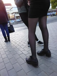 Hot Candid Legs in Black Pantyhose and Booty in a Skirt Street Creepshot