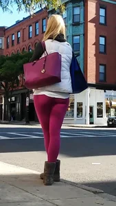 Pink leggings blonde at the bus stop