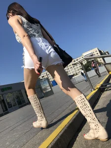 Hot Girl in White Mini Shorts Abs Boots Walking Up the Stairs Street Creepshots Gallery