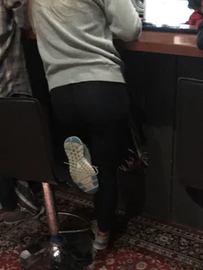 A hot blonde with beautiful smile and nice ass in leggings