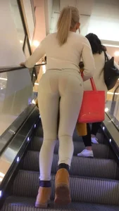 Skinny Legs and Hot Booty in Tight White Pants - Mall Escalator Creepshot