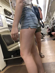 Cute And Slightly Awkward Tall Teen Girl in a Top and Denim Shorts Subway Train Candid Photos