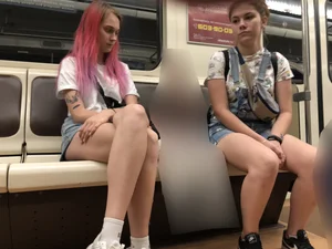 Girl With Pink Hair and Hot Legs in Denim Shorts in the Subway Train Candid Photo Gallery