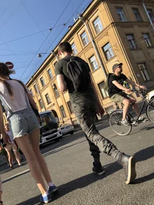 Skinny Legs in Denim Shorts City Street Candid Pics