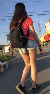Girl with Great Legs in Denim Shorts Street Candid Photos