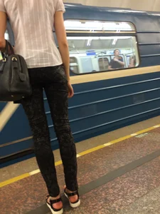 Skinny Girl in Sandals and Tights Subway Station Candid