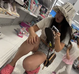 Cute Asian girl with jean shorts riding up her butt (OC)