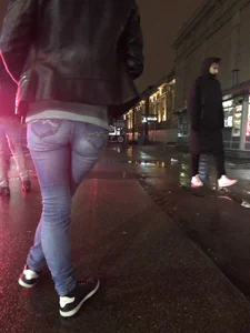 Cute Girl in Leather Jacket and Tight Jeans - Late Evening City Creepshot