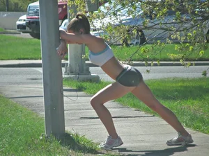 Hot Girl Taking Her Breath While Jogging in a Top and Spandex Shorts - Perfect Ass and Legs