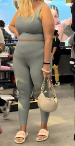 Plump Dumpy Blonde MILF in turquoise two-piece Spandex