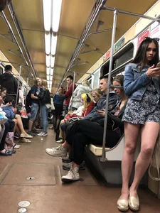 Girl in Short Dress with Cute Skinny Legs Hot Subway Candid