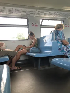 Cute Candid Teen Girl in Shorts Fell Asleep in a Public Train