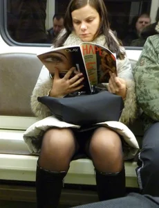 Sexy girls in skirts, stockings and upskirts on the train