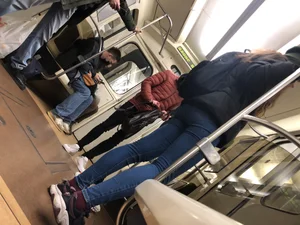 Nice Thin Legs and Small Booty in Blue Tight Jeans in the Subway Train Candid Pics