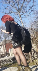 Chunky redread in a skirt and pantyhose street pics
