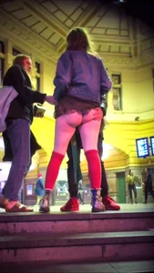 Girl in Red Knee Socks and Short Skirt Flashing Ass at the Railway Station Candid