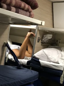 Barefoot Girl in Shorts in the Train Sleeping Car Candid Gallery