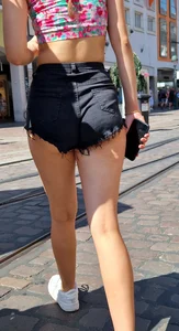 A Slim Girl With Incredibly Hot Legs And Booty in Black Fringed Mini Shorts Street Creepshots