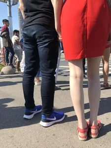 Girl in a Red Dress and Sandals With Thin, Pale Legs on the Crosswalk City Creepshots Gallery
