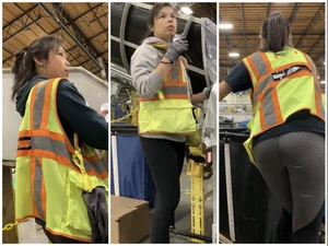 Sexy Asian Coworker Creeped and Exposed Leggings VPL
