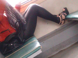 Hot Legs in Leather Leggings And Feet in High Heeled Sandals in a Public Train Creepshot