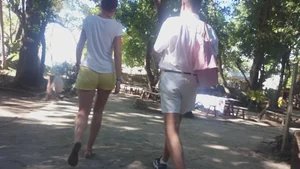 Milf in yellow shorts with vpl and a wedgie