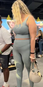 Plump Dumpy Blonde MILF in turquoise two-piece Spandex