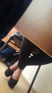 Crossed Legs in Tight Pants and Feet in Flats Under Desk College Creepshot