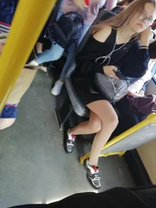 Cute Girl in Glasses and Pantyhose Bus Candid Photo