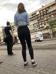 Skinny Girl in Tight Black Jeans on the Bus Stop Candid Photos