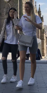 Hot blonde with VTL in grey shorts