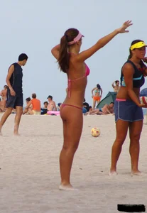 A bunch of sexy beach voyeur babes in bikinis, thongs and topless