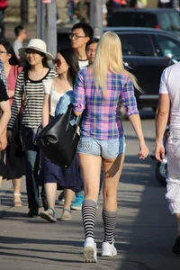 Hot ass blonde in short denim shorts showing some ass cheeks
