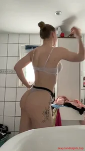 Hot Skinny Girl in Underwear With Tattooed Thigh Flexing in Bathroom - Hot Selfie Video