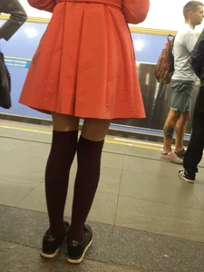 Skinny Teen in Knee Socks and Dress Subway Candid Closeup