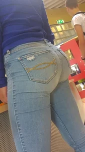 Hot Booty and Legs in Denim Blue Tight Jeans Closeup Creepshot