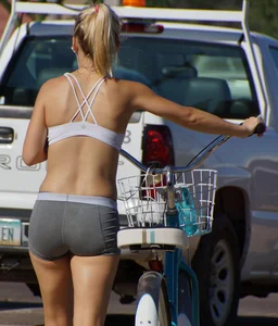 Sexy hot blonde in tight grey spandex shorts with amazing body