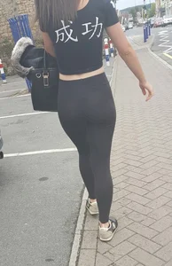 Sexy skinny brunette teen in see thru leggings with a black thong on